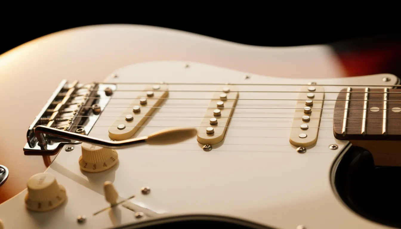 Macro of the Stratocaster's three single-coil pickups, tremolo bridge and control knobs